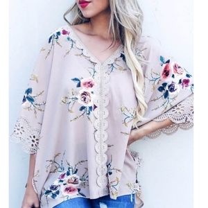 Floral Lace Trim Poncho Kimono